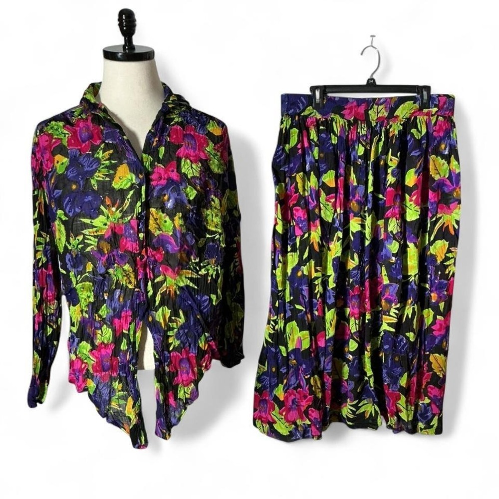 VTG Jasmine by KVM Y2K 2 Piece Floral Skirt Set Sequin Rayon Eclectic‎ Large
